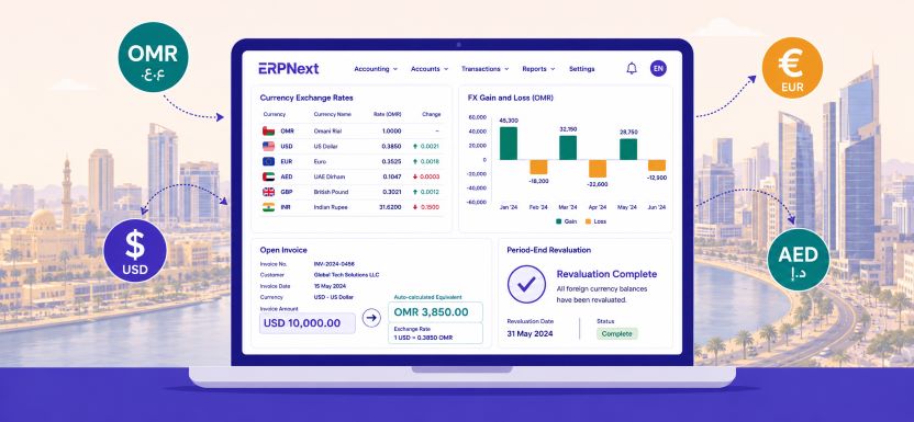 Multi-currency Omani Rial ERPNext dashboard showing USD EUR OMR exchange rate transactions and FX gain loss report
