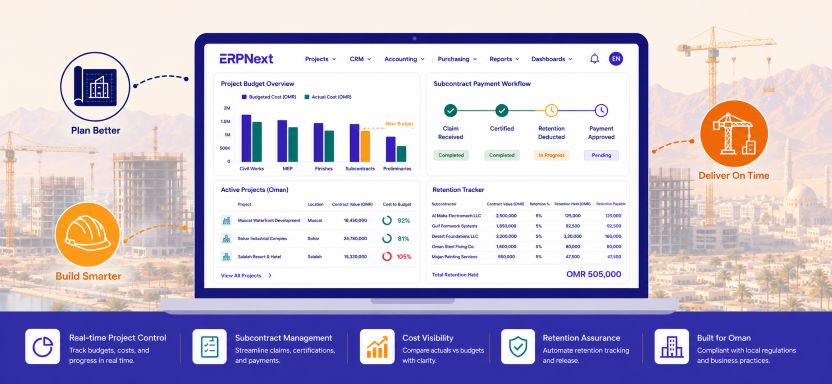 ERP construction in Oman ERPNext dashboard showing project costing budget and subcontract management workflow