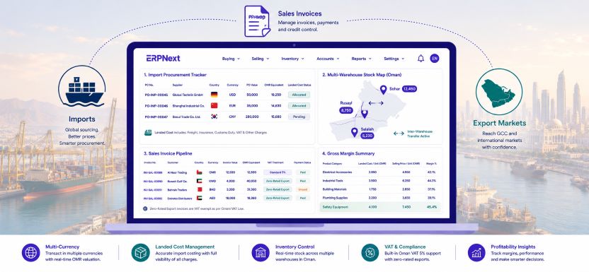 ERPNext trading company Oman dashboard showing import procurement export billing and multi-currency OMR operations